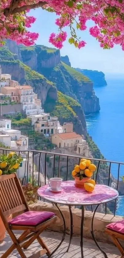Scenic view of the Amalfi Coast with colorful blooms and ocean backdrop.