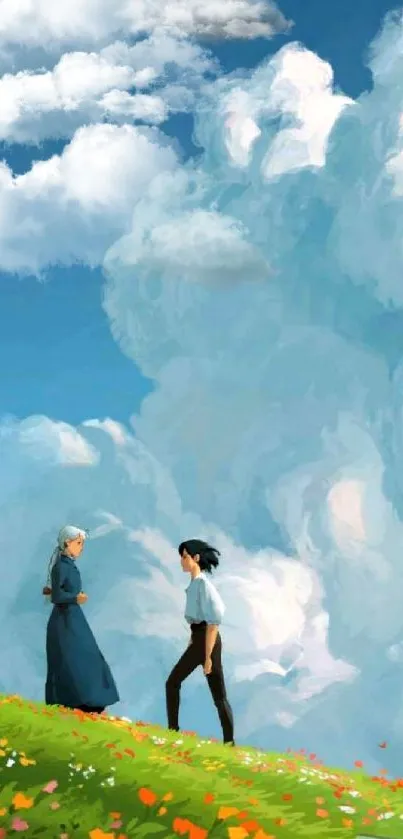 Anime depiction of two characters on a grassy hill under a cloud-filled sky.