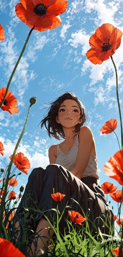 Anime girl sitting in vibrant poppy field under blue sky.