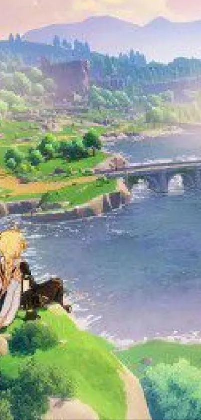 Anime landscape with river and bridge.