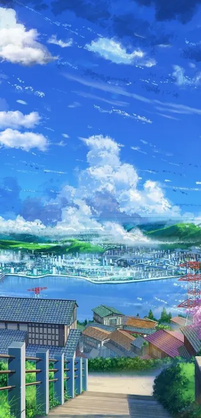 Anime landscape with coastal town, vibrant sky, and sea view.