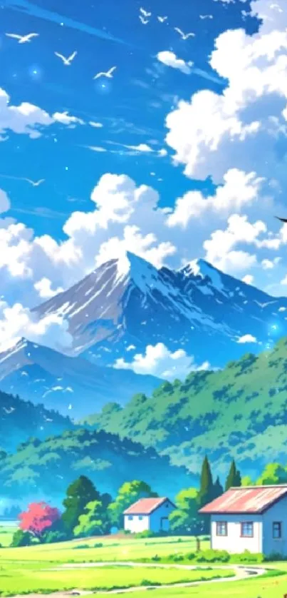 Anime mountain landscape with blue sky and clouds.