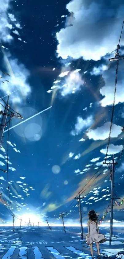 Anime landscape with blue sky and clouds, featuring a lone figure on a road.