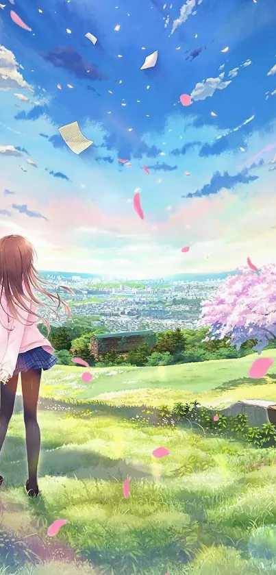 Anime spring wallpaper with blossoms and a vibrant sky.