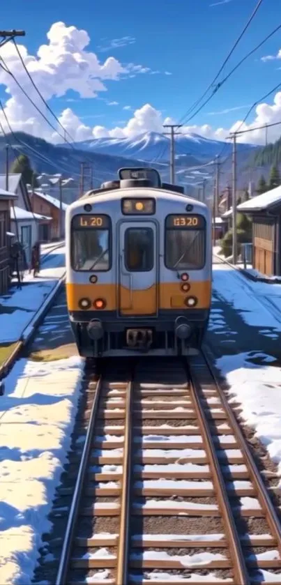 Anime train moving through a snowy village.