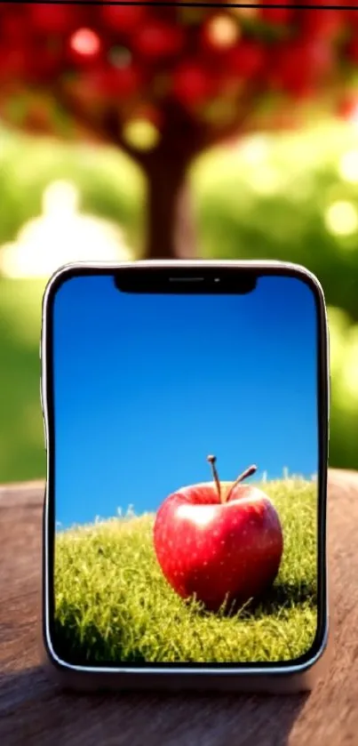 Red apple on grass with a phone and blue sky in background.