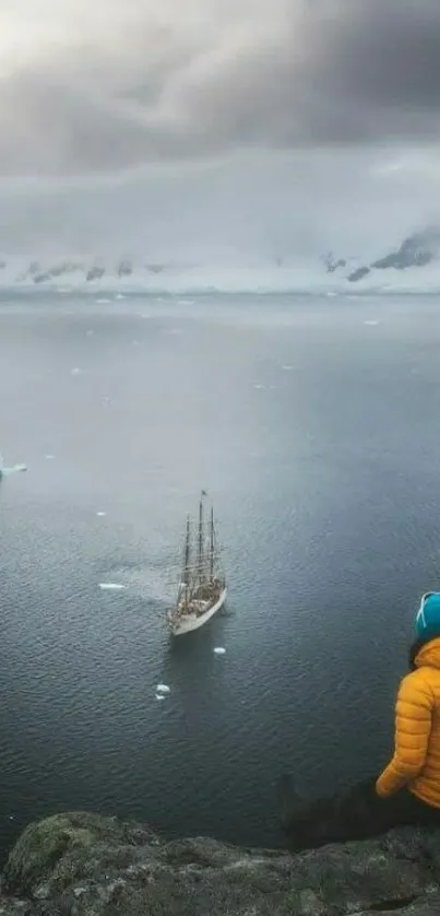 Person in yellow jacket overlooking Arctic ocean with ship.