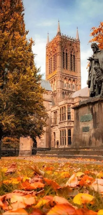 Autumn view of cathedral with statue and fallen leaves.