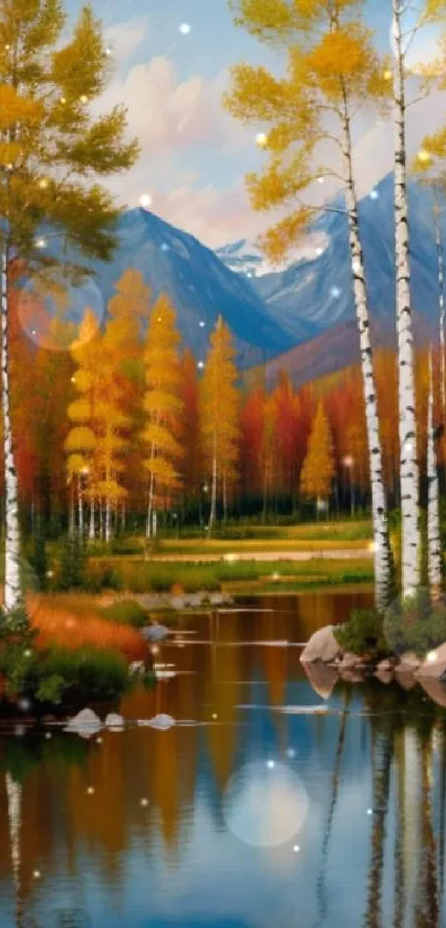 Beautiful autumn forest with river and mountains in the background.