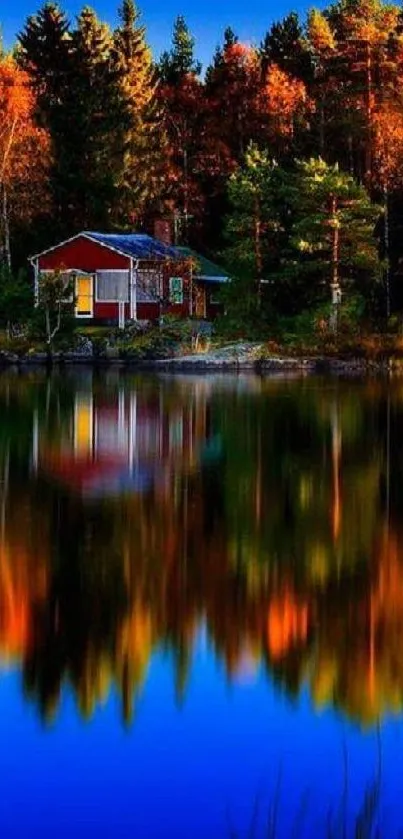 Autumn lake with vibrant reflections and a forest cabin.