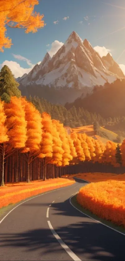 A scenic mountain road with vibrant orange autumn trees and sunlight.