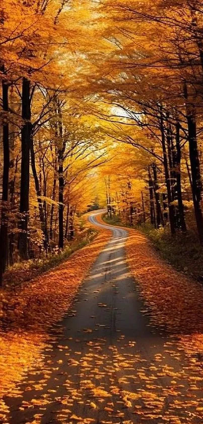 Vibrant autumn path with orange leaves and trees lining a serene countryside road.