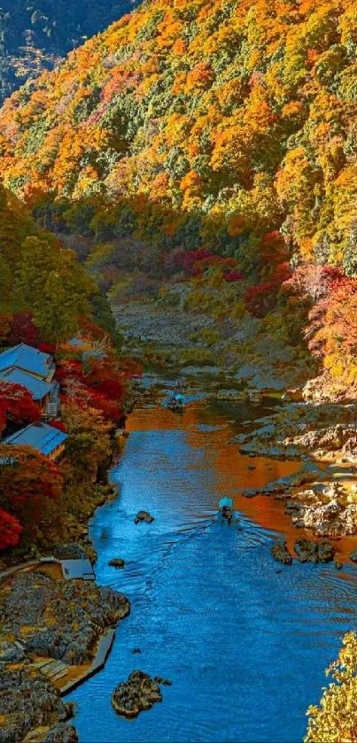 Autumn river valley with colorful foliage and tranquil water.