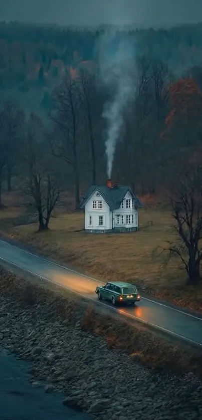 Autumn countryside scene with road, house, and car.