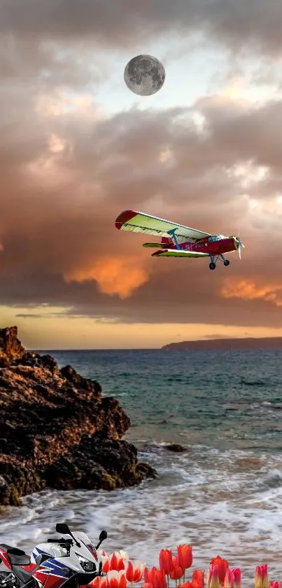 Biplane soaring over ocean sunset with tulip foreground.