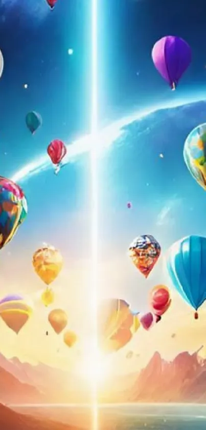 Colorful hot air balloons over scenic mountain landscape.
