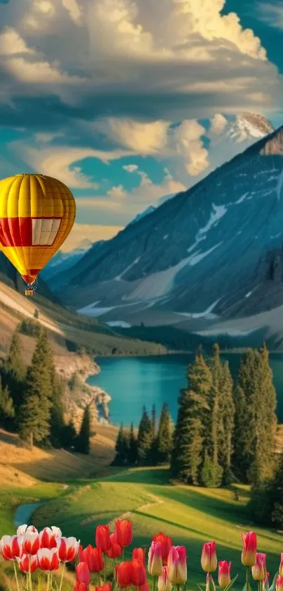 Hot air balloon over mountains and tulips in vibrant landscape.