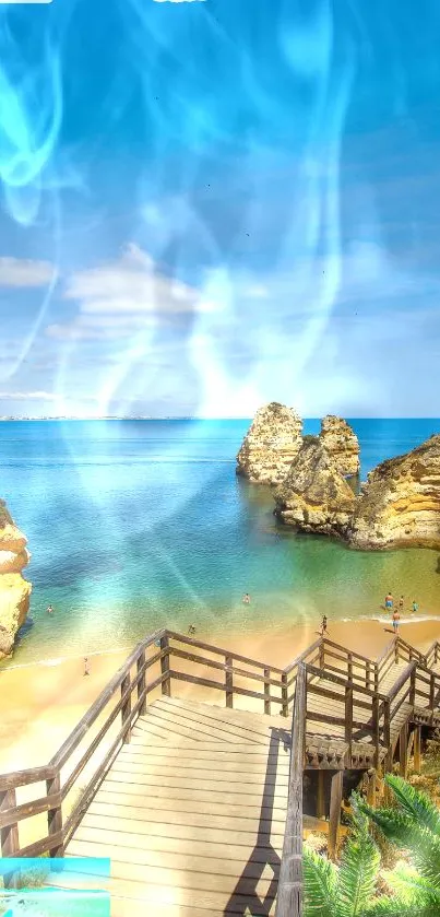 Breathtaking beach with wooden path, blue sky, and cliffs.