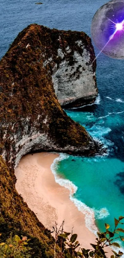 Beach with turquoise ocean under a cosmic moon.