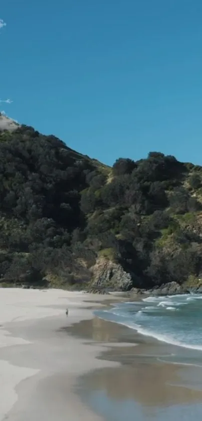 Scenic view of a beach with lush hills and a clear blue sky.