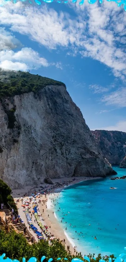 Pristine beach with azure waters and dramatic cliffs under a blue sky.