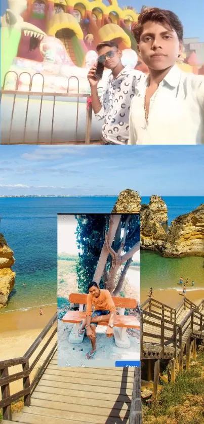 Collage of beach scenery and personal travel moments.