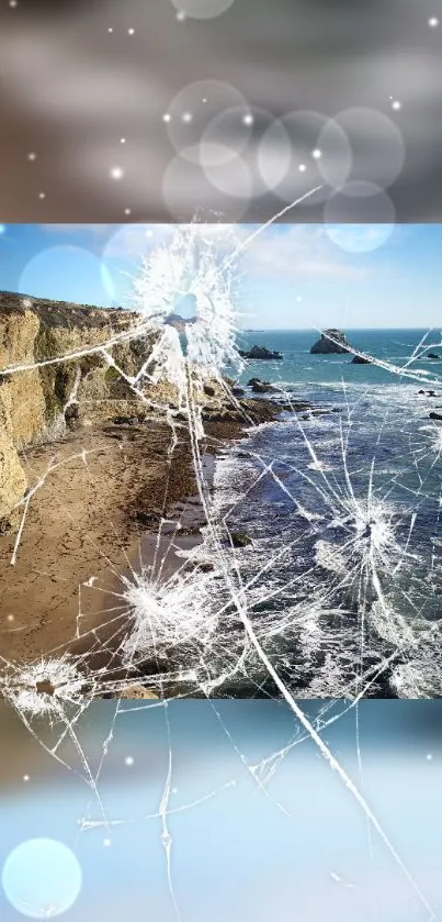 Beach and ocean view with a cracked glass effect overlay.