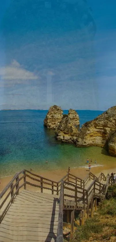 Scenic beach landscape with wooden stairs and clear blue waters.