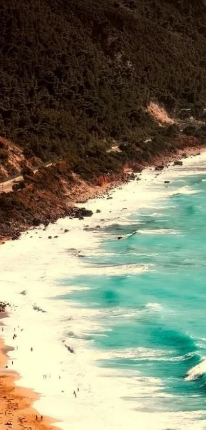 Scenic beach with turquoise waves and lush green coastline.