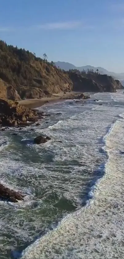 Serene ocean and beach landscape with waves.