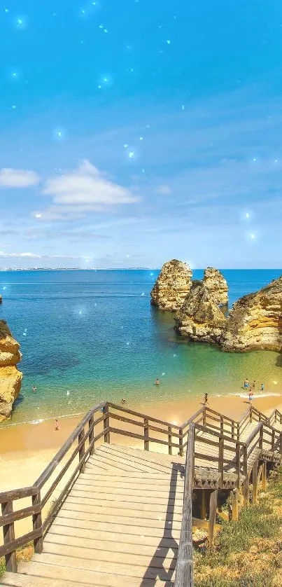 Scenic beach view with azure ocean and wooden path under a starry blue sky.