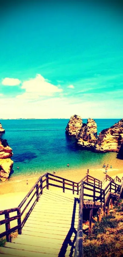 Scenic beach view with turquoise waters and rocky cliffs under a clear sky.