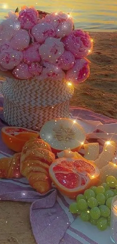 Beach picnic with fruits at sunset with a vibrant warm glow.