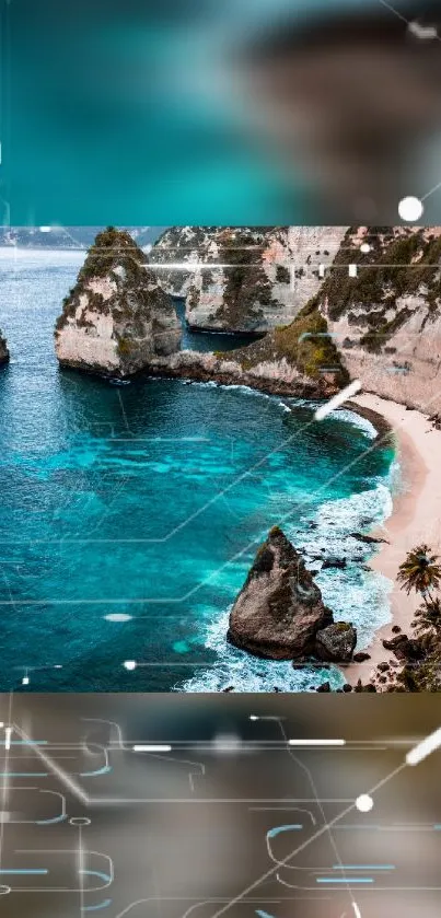 Breathtaking beach and ocean with digital tech designs overlay.