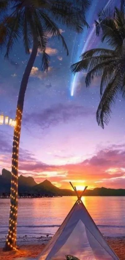 Beach tent at sunset with palm trees and a starry sky.