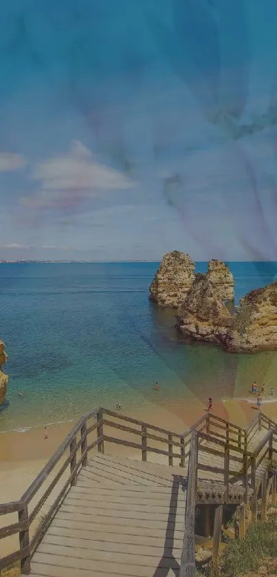 Scenic view of a beach with clear waters, blue sky, and rocky formations.