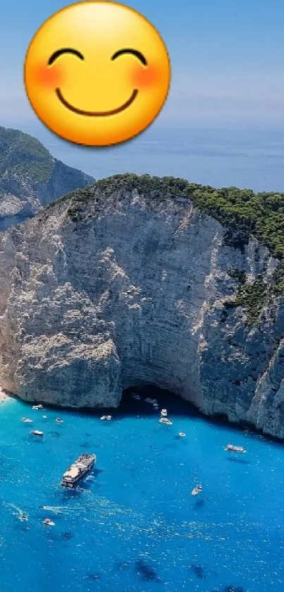 Coastal scene with blue ocean and a cheerful emoji in the sky.