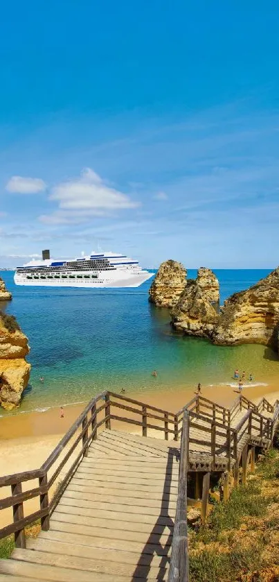 Cruise ship near a scenic beach with cliffs and a bright blue sky.