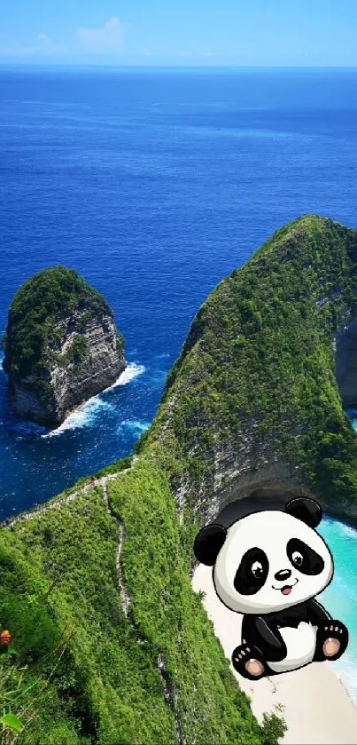 Scenic beach with green cliffs and a cute cartoon panda.