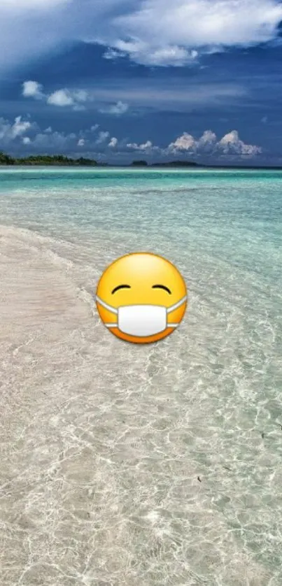 Tranquil beach with a masked emoji over clear waters and blue sky.