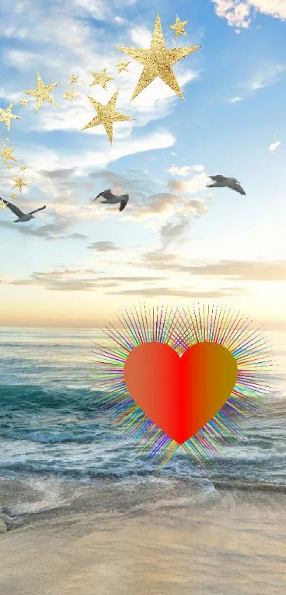 Beach with heart graphic and birds flying under a bright sky.