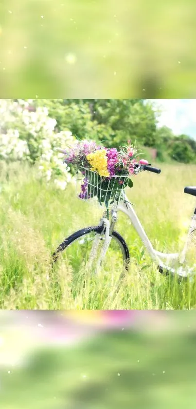 Bicycle with flower basket in a green meadow scene.