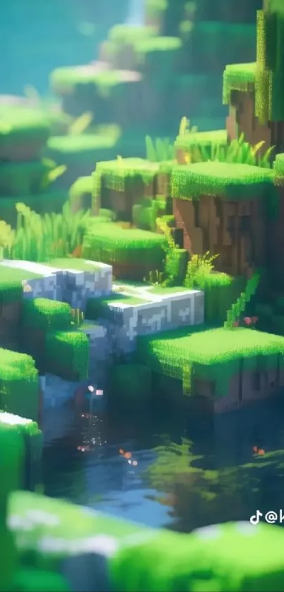 Block world with green terrain and water.