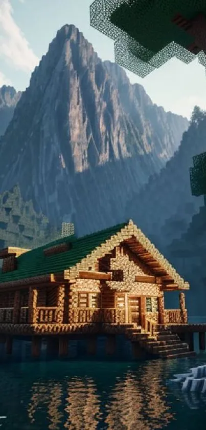 Minecraft-style cabin by a mountain lake with scenic views.