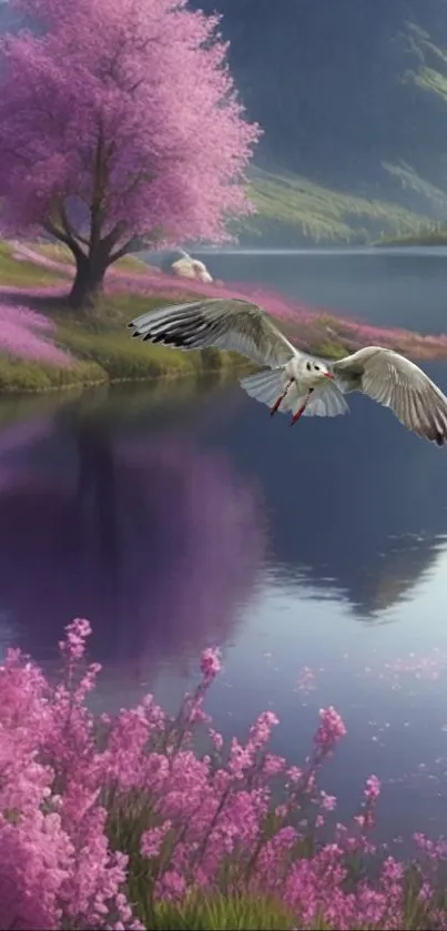 A peaceful lake with a bird flying over pink blossoms