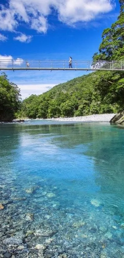 Scenic view of a blue river with a sky bridge and lush green forest.