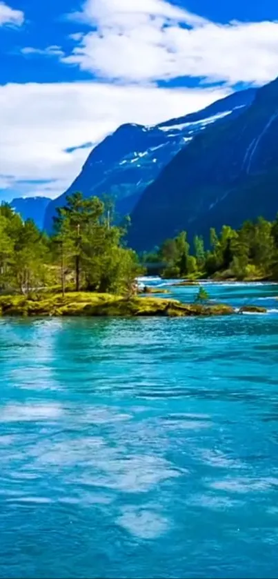 Scenic blue river with mountains and trees background.