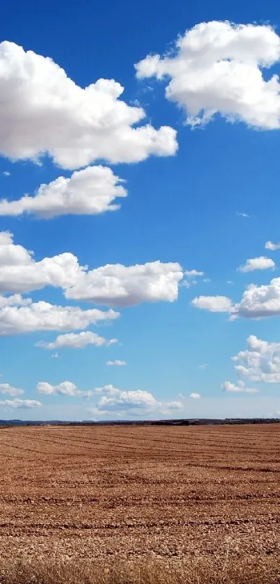 Vast brown field under a blue sky with clouds.