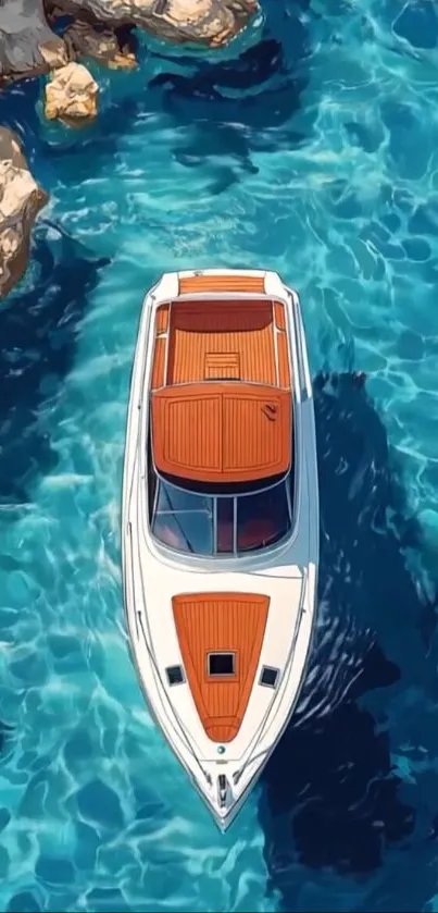 Boat floating in clear blue waters with rocky surroundings.