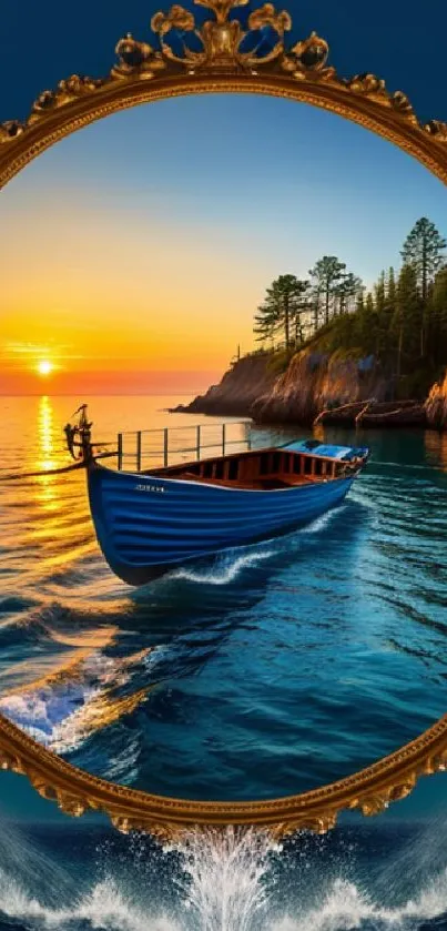 Boat at sunset framed in ornate border on ocean.